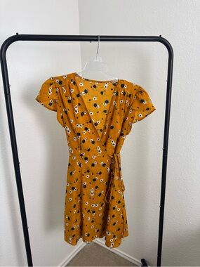 Flutter Sleeve Mustard Floral Tie-Waist Mini Dress